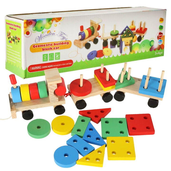 Trenulet educational cu tren si blocuri, Ikonka, lemn, 30 cm, multicolor