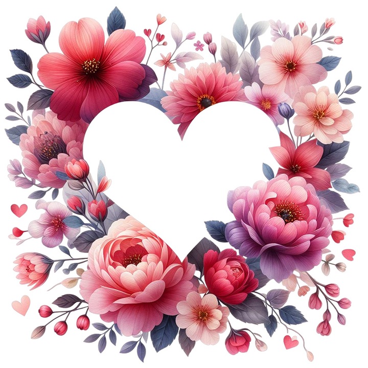 Sticker cu mai multe flori asezate in forma de inima, ilustratie, roz, rosii, plante, iubire, Valentine's Day, cu Margini Albe, PVC Vinyl 10 cm