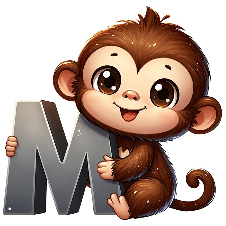 Sticker cu maimuta cu litera "M", ilustratie, pentru copii, scoala, elev, abecedar, alfabet, scrie, invata cu Margini Albe, PVC Vinyl 15 cm