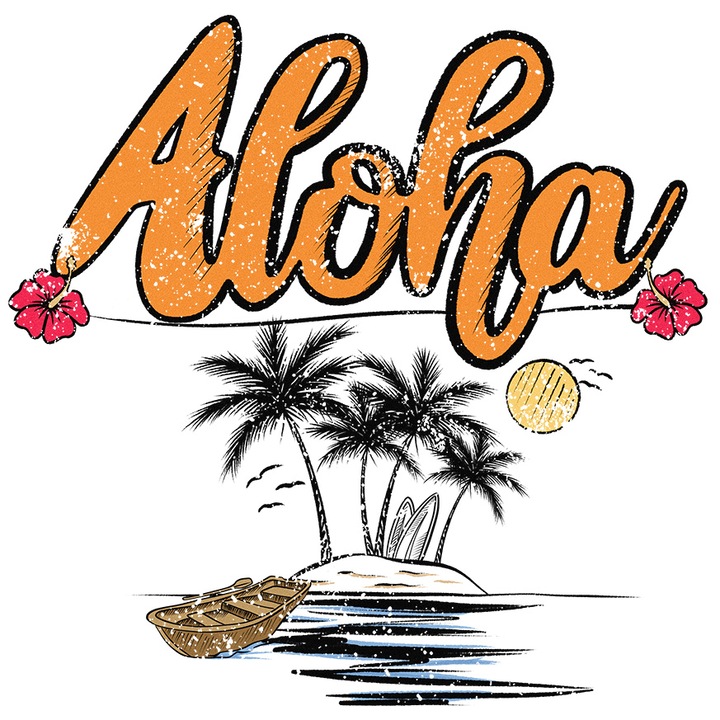Стикер с послание Aloha, лято, ваканция, почивка, илюстрация, поздрав, добре дошли, плаж, слънце, море, бели ръбове, PVC винил, 70 см