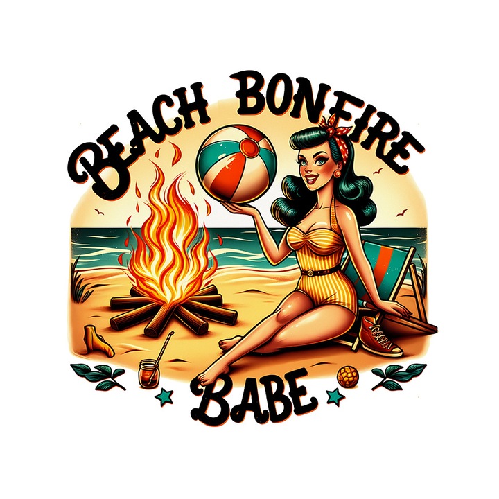 Sticker cu mesajul "Beach bonfire babe", ilustratie, stil retro, vechi, de moda veche, foc pe plaja, iubita, femeie frumoasa, minge cu Margini Albe, PVC Vinyl 90 cm