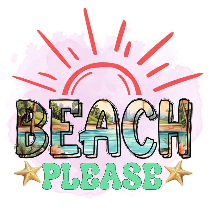 Sticker cu mesajul "Beach, please", vara, vacanta, relaxare, concediu, ilustratie, stelute de mare, plaja, soare cu Margini Albe, PVC Vinyl 10 cm