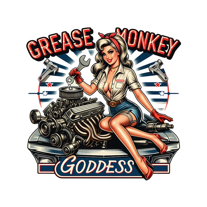 "Grease majom istennő" feliratú matrica, illusztráció, retro stílusú, régi, ódivatú, gyönyörű nő, mechanika, motor, autó, istennő, majom fehér élekkel, PVC Vinyl 40 cm