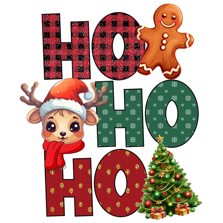 "HO, HO, HO" feliratú matrica, feldíszített fa, süti, rénszarvas, boldog karácsonyt, illusztráció, tél, fehér szélekkel, PVC Vinyl 40 cm