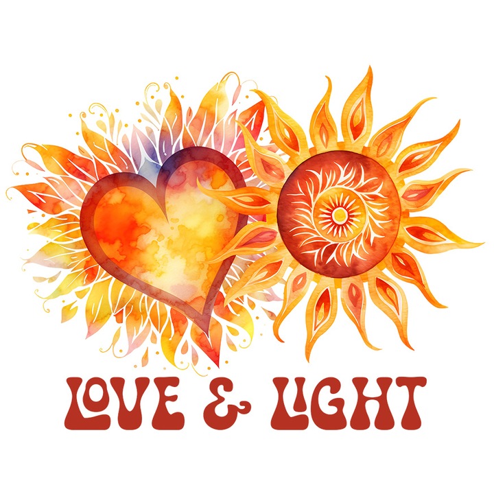 Sticker cu mesajul "Love & light", ilustratie, iubire si lumina, inima, soare, raze, petale, bucurie, bunatate cu Margini Albe, PVC Vinyl 90 cm