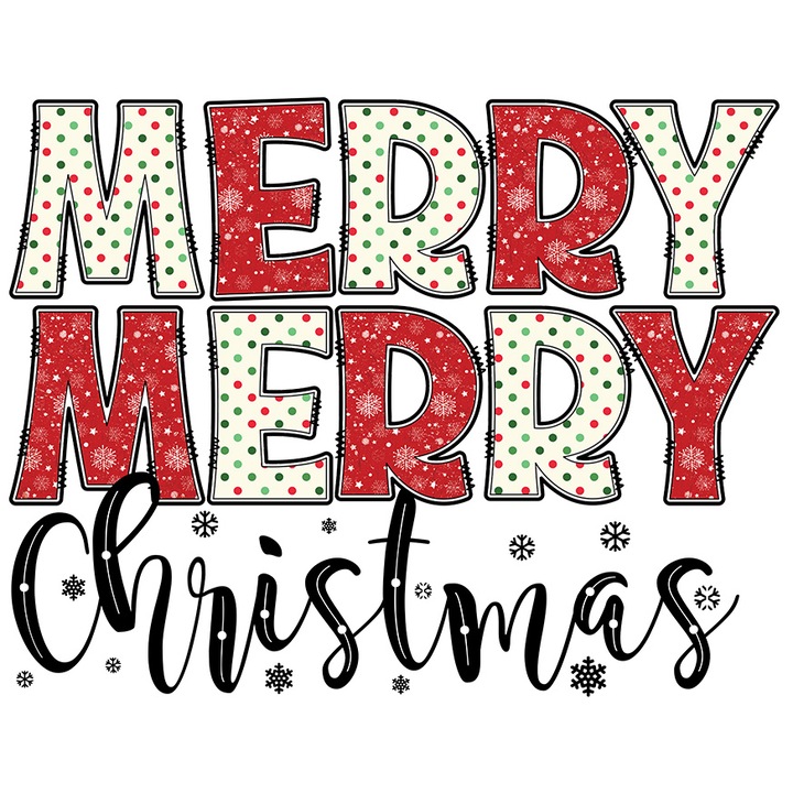 Matrica "Merry, Merry Christmas" üzenettel, boldog karácsonyt, illusztráció, téli, piros, hópelyhek, zöld, fehér szélekkel, PVC Vinyl 23 cm