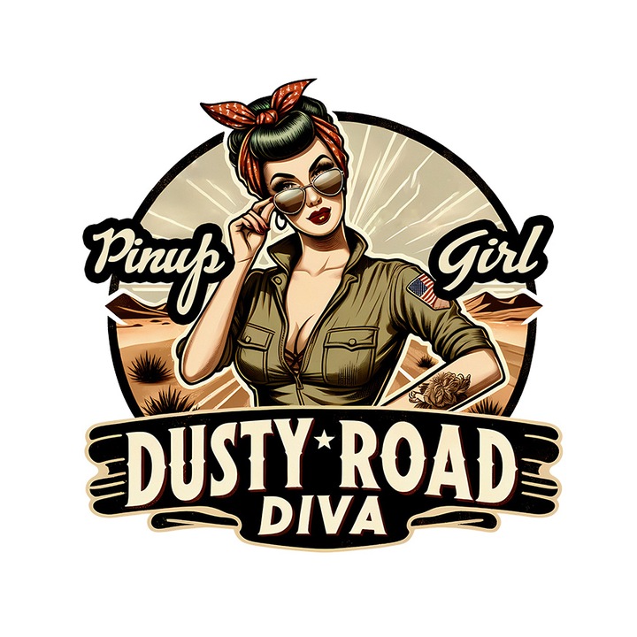 Sticker cu mesajul "Pinup girl, dusty road diva", ilustratie, stil retro, vechi, de moda veche, femeie frumoasa, drum prafuit, tatuaj, ochelari de soare cu Margini Albe, PVC Vinyl 90 cm