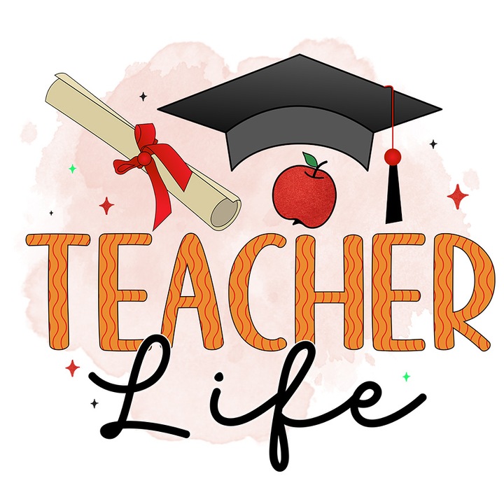 Matrica "Tanári élet", illusztráció, iskola, tanulók, diákok, tanárok, oktatás, tanítás, tanári élet, diploma, alma fehér szélekkel, PVC Vinyl 70 cm