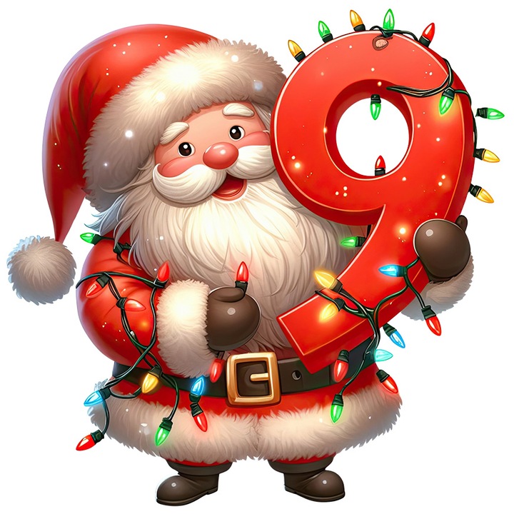 Стикер с Дядо Коледа, който държи цифрата "9", илюстрация, за деца, светлини, училище, ученици, математика, учете, с бели ръбове, PVC винил 28 см