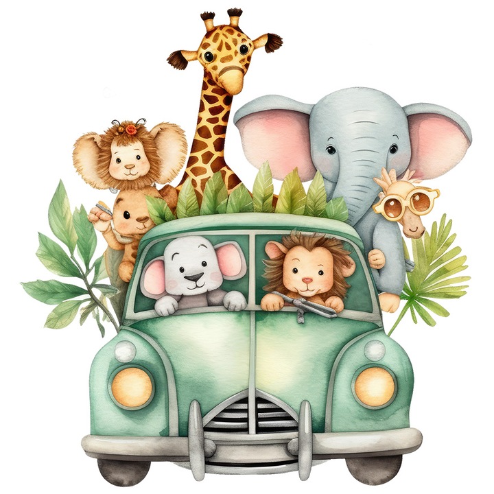 Sticker cu multe animale salbatice care se plimba cu o masina, leu, elefant, girafa, ilustratie, vacanta, concediu, plecare, cu Margini Albe, PVC Vinyl 15 cm