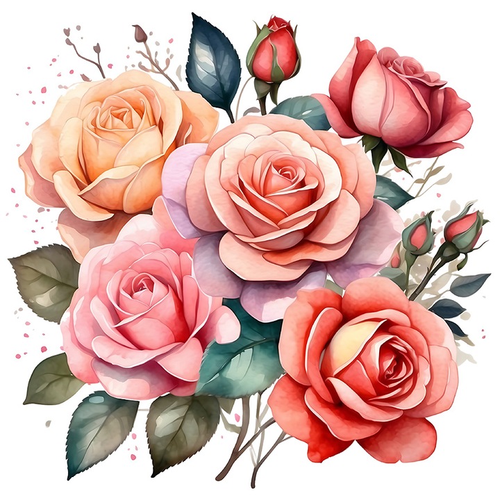 Sticker cu multi trandafiri, ilustratie, cadou, pentru iubitoarele de flori, pentru iubita, sotie, gradina, natura, gest, mica atentie, buchet, cu Margini Albe, PVC Vinyl 90 cm