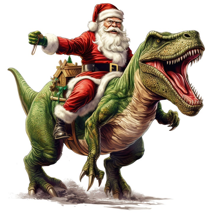 Zöld dinoszauruszon ülő Mikulás matrica, T-Rex, éles fogak, ünnep, ajándékot hoz, "háziállat", fehér szélekkel, PVC vinil 28 cm