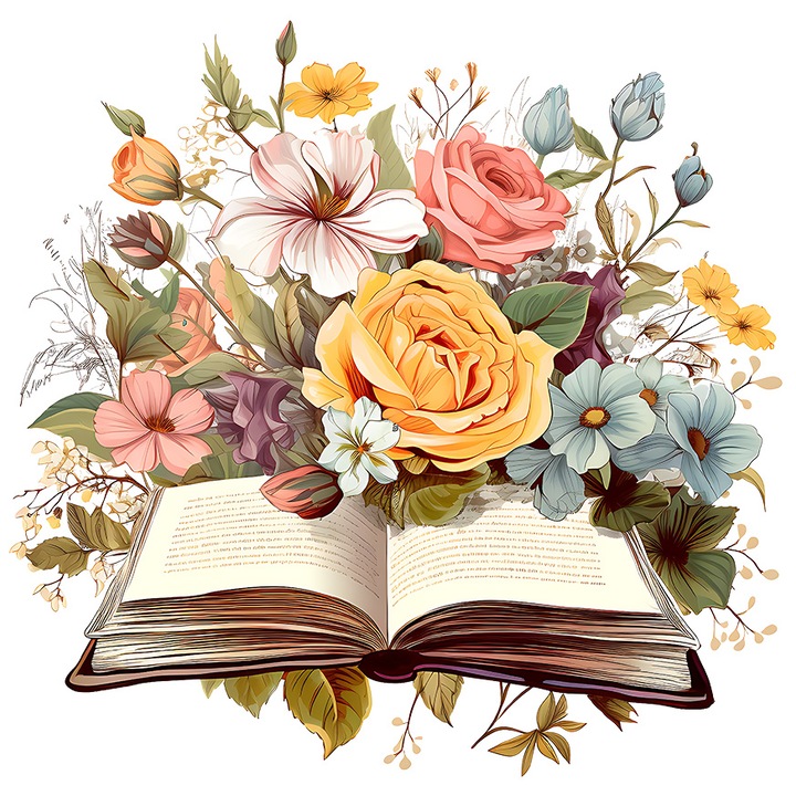 Sticker cu o carte deschisa, ilustratie, flori, galbene, albastre, lectura, pentru pasionatii de citit cu Margini Albe, PVC Vinyl 23 cm