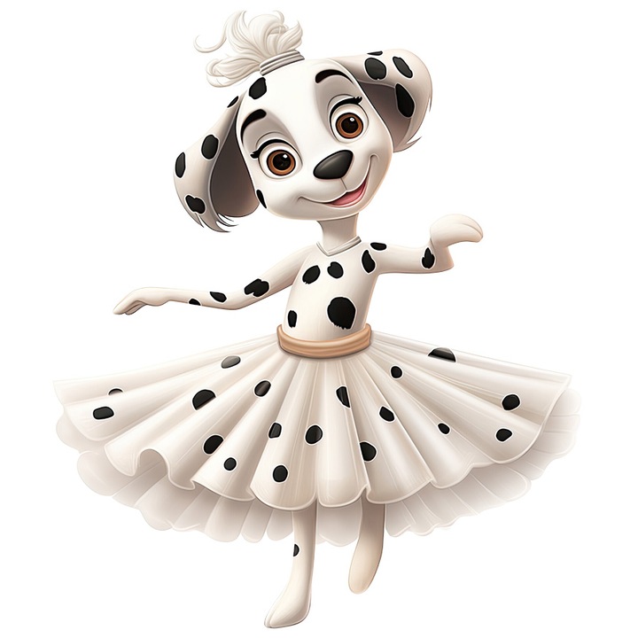Sticker cu o catelusa Dalmatiana, ilustratie, fusta alba cu buline negre, danseaza, pasiune, talent, cu Margini Albe, PVC Vinyl 10 cm