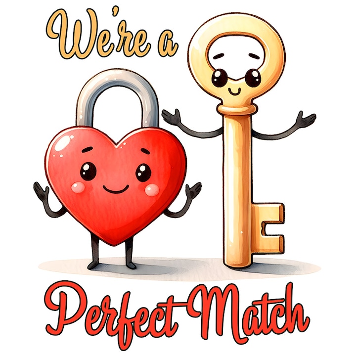 Sticker cu o cheie si un lacat in forma de inima cu mesajul "We're a perfect match", Valentine's Day, ilustratie, potrivire, compatibili, rosie, iubire, afectiune, indragostita cu Margini Albe, PVC Vinyl 15 cm