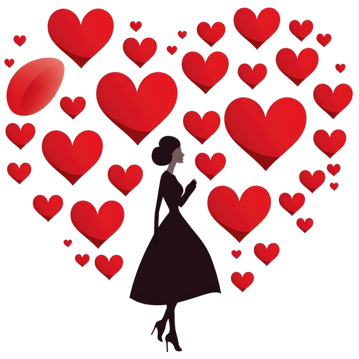 Стикер с жена в черна рокля, илюстрация, много сърца, любов, обич, Свети Валентин, с бели ръбове, PVC винил 10 см
