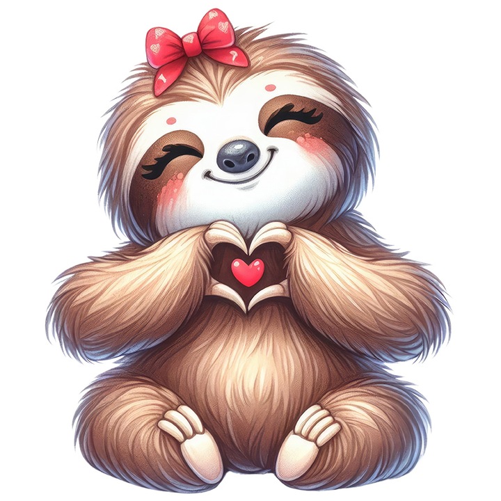 Sticker cu o femela sloth/lenesa care face un semn in forma de inima, ilustratie, funda, fericire, Valentine's Day, animalut, apreciere, cu Margini Albe, PVC Vinyl 10 cm