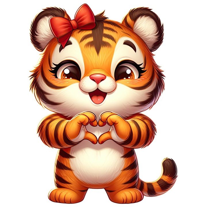 Sticker cu o femela tigru care face un semn in forma de inima, afectiune, gest, apreciere, funda, Valentine's Day, cu Margini Albe, PVC Vinyl 15 cm