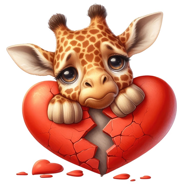 Sticker cu o girafa care este trista, ilustratie, inima rupta, franta, dezamagire, despartire, cu Margini Albe, PVC Vinyl 23 cm