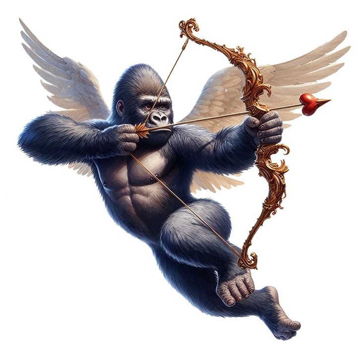 Стикер с горила Купидон, илюстрация, стрелба с лък, крила, любов, стрела, Свети Валентин, с бели ръбове, PVC винил 23 см