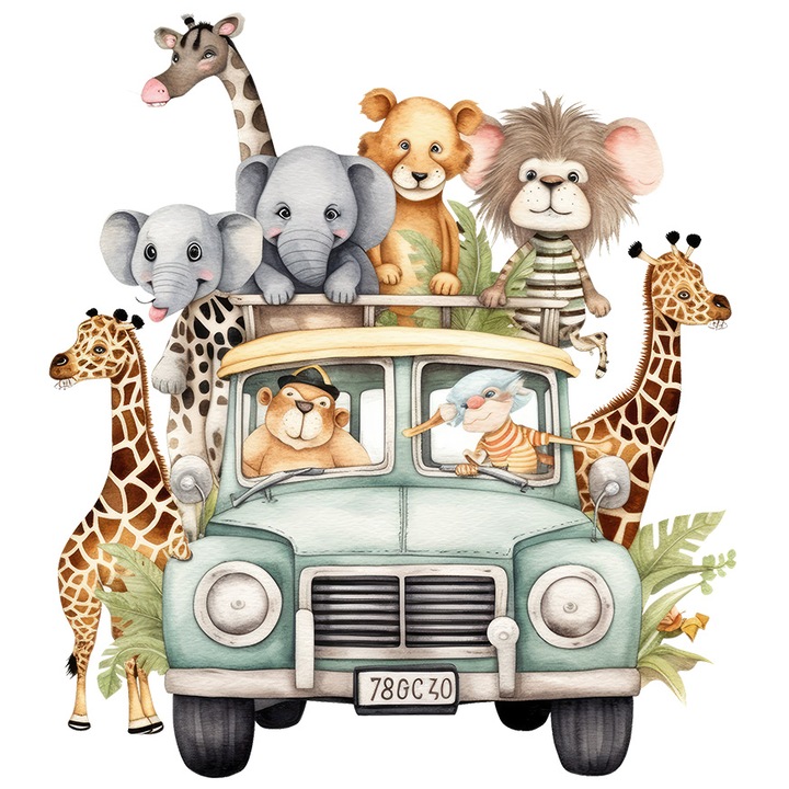 Sticker cu o masina cu animale din jungla, ilustratie, salbatice, safari, plimbare, evadare, gradina zoologica, vesele, elefant, girafe, cu Margini Albe, PVC Vinyl 15 cm