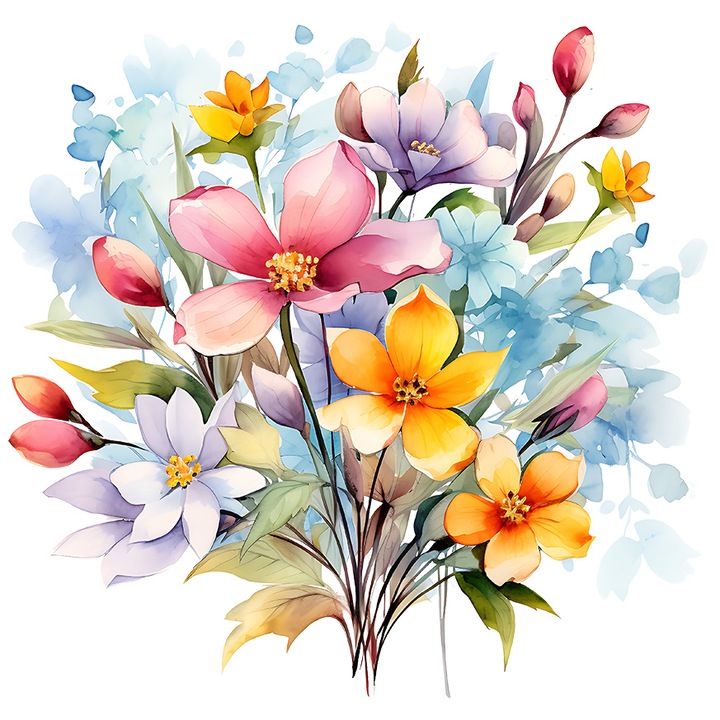 Sticker cu o multime de floricele, ilustratie, galbene, albe, natura, plante, cadou, gradina cu Margini Albe, PVC Vinyl 90 cm
