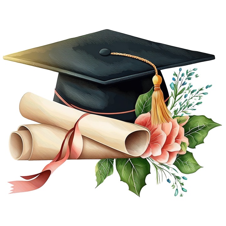 Sticker cu o palarie de absolvire, toca, diplome, absolvent, facultate, studii finalizate, ilustratie, realizare, floare, cu Margini Albe, PVC Vinyl 15 cm