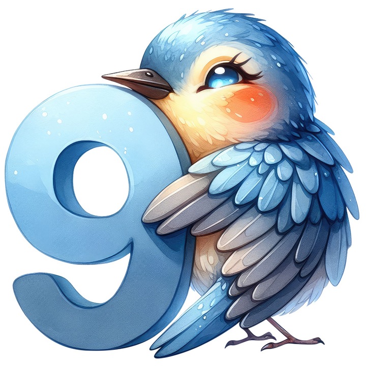 Стикер със синя птица с цифрата 9, илюстрация, за деца, училище, ученик, учи с бели ръбове, PVC винил 50 см