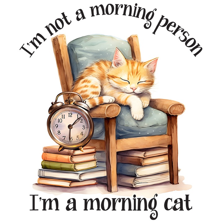 Sticker cu o pisica, ilustratie, doarme pe un scaun, a obosit de la cat a invatat, ceas, pentru iubitorii de pisici, cu Margini Albe, PVC Vinyl 10 cm
