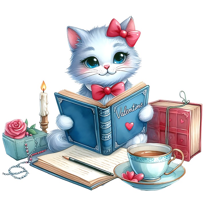 Sticker cu o pisicuta care tine o carte deschisa, ilustratie, Valentine's Day, lectura, pentru pasionatii de citit, cafea, floare, cadou, cu Margini Albe, PVC Vinyl 90 cm