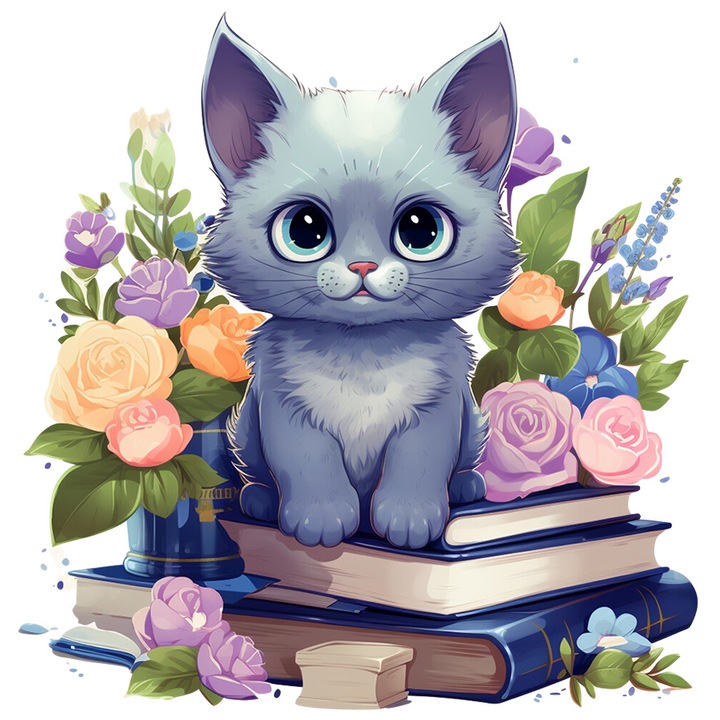 Sticker cu o pisicuta care sta pe un teanc cu carti, ilustratie, i s-a luat de citit, destul, flori, plante, natura, imaginatie, pentru iubitorii de pisici, cu Margini Albe, PVC Vinyl 15 cm