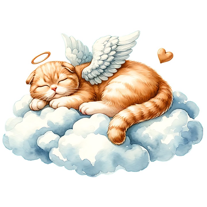 Sticker cu o pisicuta Cupidon care doarme dusa, ilustratie, Valentine's Day, aripi, norisor, inimioara, odihna, oboseala, cu Margini Albe, PVC Vinyl 28 cm