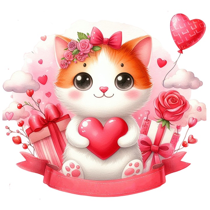 Стикер със сладко коте, държащо сърце, илюстрация, любов, романтика, ри, цветя, Свети Валентин, с бели ръбове, PVC винил 90 см 423