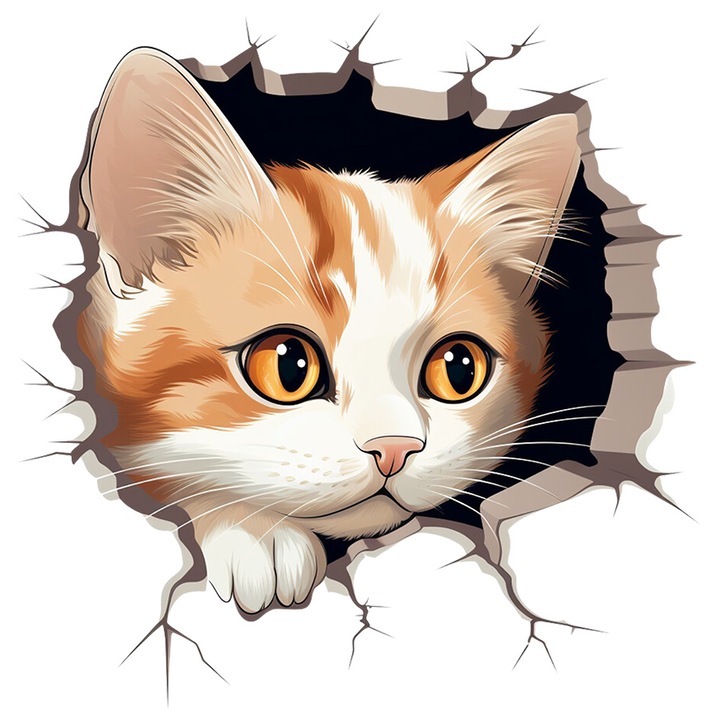 Sticker cu o pisicuta surprinsa care scoate capul printr-o gaura in perete, ilustratie, curioasa, putin speriata, cu Margini Albe, PVC Vinyl 40 cm