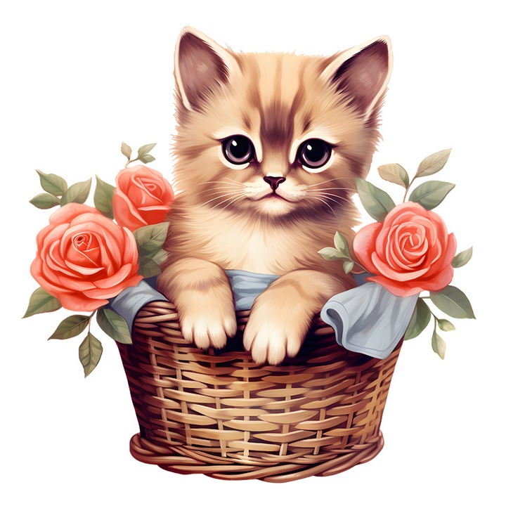Стикер със срамежливо коте, седнало в кошница, цветя, растения, за ...