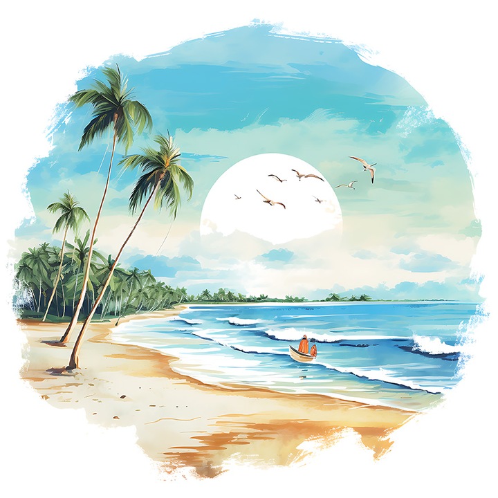 Sticker cu o plaja, ilustratie, apa, mare, concediu, vacanta, vara, palmieri, oameni in barca, pasari cu Margini Albe, PVC Vinyl 10 cm