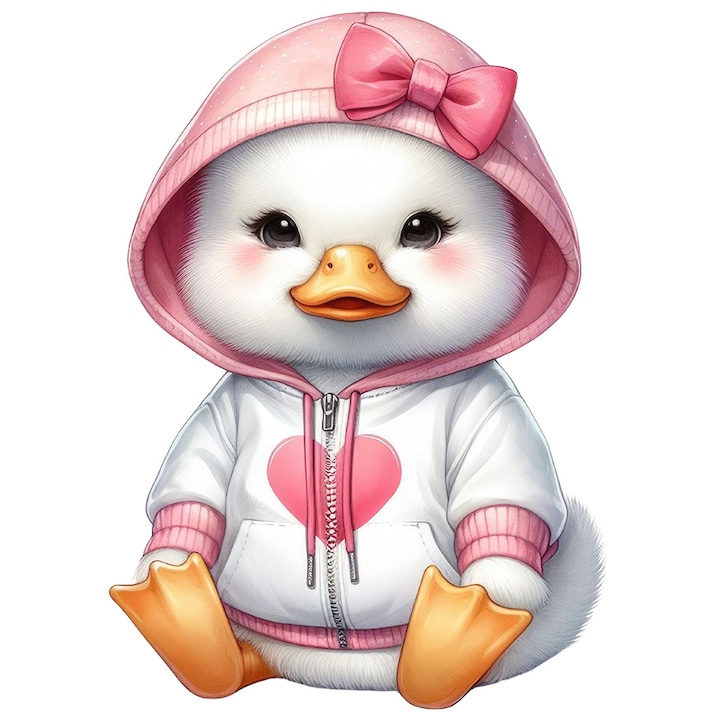 Sticker cu o ratusca in hanorac, ilustratie, inima, funda, imbujorata, afectiune, pasare, cu Margini Albe, PVC Vinyl 28 cm