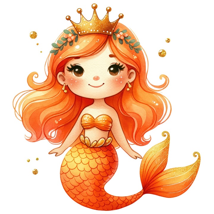 Sticker cu o sirena cu coada portocalie, ilustratie, par portocaliu, vesela, frumusica, jumatate peste, jumatate femeie, coroana aurie, cu Margini Albe, PVC Vinyl 90 cm