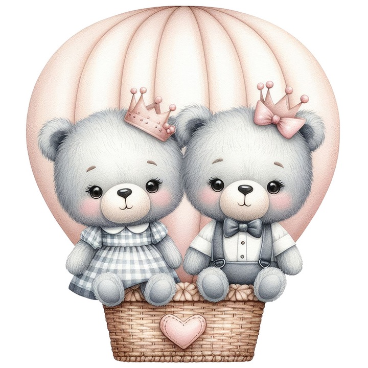 Стикер с плюшено мече и мече, което върви с балон с горещ въздух, илюстрация, щастие, корони, изчервяване, приятелство, обич, Свети Валентин, с бели ръбове, PVC винил 10 см 466