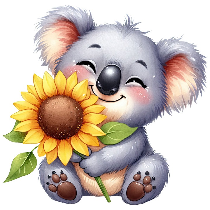 Boldog medve matrica, illusztráció, Koala, napraforgó, virágot tart, boldogság, ajándékot kaptam, fehér szélekkel, PVC Vinyl 28 cm