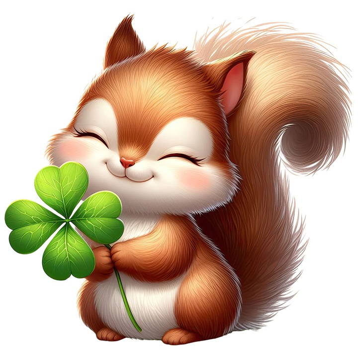 Sticker cu o veverita fericita, ilustratie, norocoasa, trifoi cu patru foi, Irlanda, animalut, veselie, cu Margini Albe, PVC Vinyl 10 cm