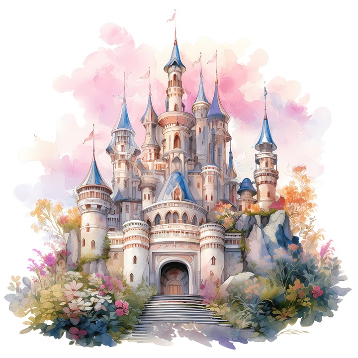 Sticker cu palatul Disney, ilustratie, flori, plante, loc magic, desene animate, personaje celebre, cu Margini Albe, PVC Vinyl 10 cm