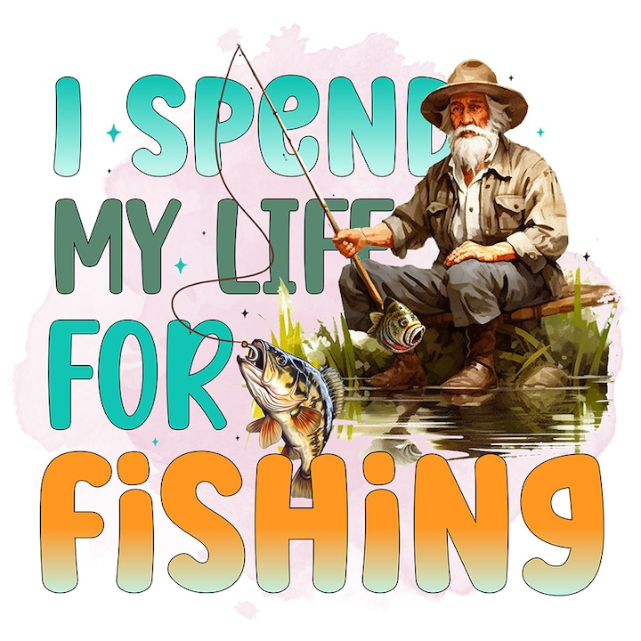 Sticker cu pescar batran la pescuit cu mesajul "I spend my life for fishing", imi petrec viata pescuind, ilustratie, prinde peste, apa, lac cu Margini Albe, PVC Vinyl 90 cm