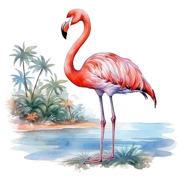 Sticker cu pasarea Flamingo, ilustratie, palmieri, roz, apa, lac, ierburi, plante, natura, libertate, cu Margini Albe, PVC Vinyl 50 cm