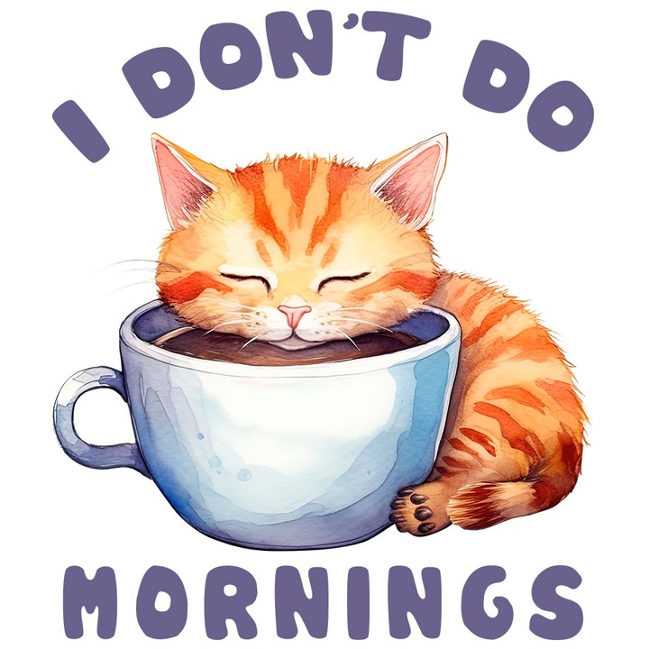 Sticker cu pisica cu mesajul "I don't do mornings", ceasca cu cafea, portocalie, ilustratie, dimineti, uraste diminetile cu Margini Albe, PVC Vinyl 90 cm