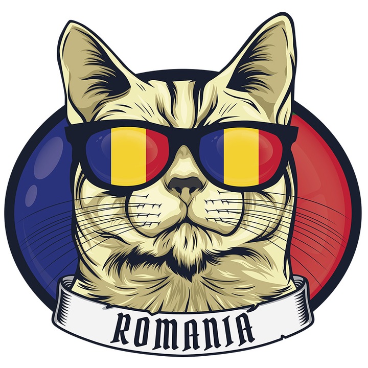 Sticker cu pisica cu mesajul "Romania", ochelari cu culorile steagului Romaniei, ilustratie, tricolor, gri, rosu, galben, albastru cu Margini Albe, PVC Vinyl 90 cm