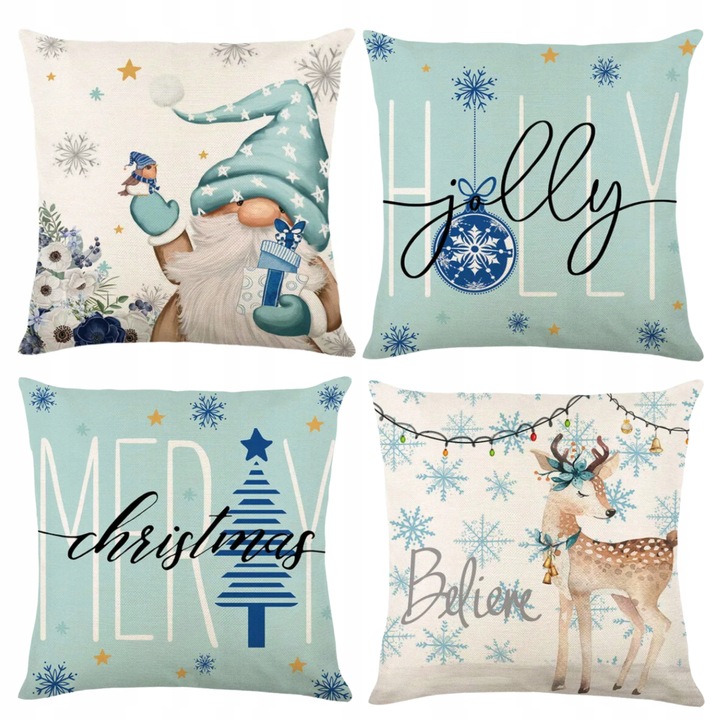 Комплект 4 калъфки за възглавници, HomeDesign, Коледен десен, Лен, 45 х 45 см, Многоцветни