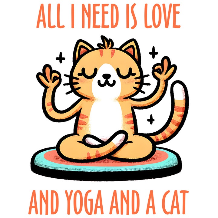 Sticker cu pisicuta care mediteaza cu mesajul "All I need is love and yoga and a cat", meditatie, yoga, ilustratie, pozitie, ochi inchisi cu Margini Albe, PVC Vinyl 28 cm