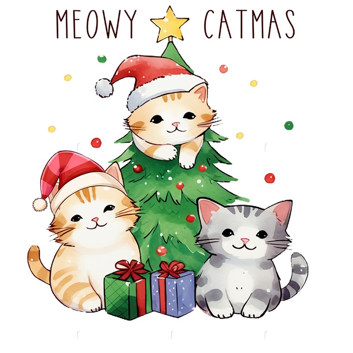 Sticker cu pisoi cu mesajul "Meowy Catmas", Craciun fericit, ilustratie, iarna, cadouri, brad cu Margini Albe, PVC Vinyl 15 cm