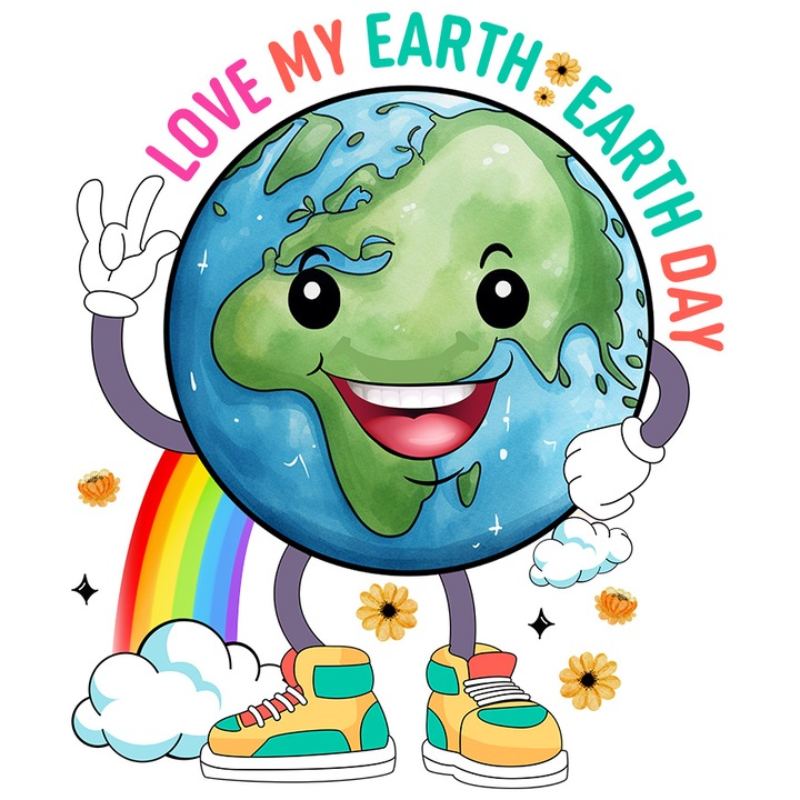 Sticker cu planeta Pamant cu mesajul "Love my Earth, Earth day", ilustratie, constientizare, iubire, apreciere, bucurie, zambet, ziua Pamantului cu Margini Albe, PVC Vinyl 15 cm